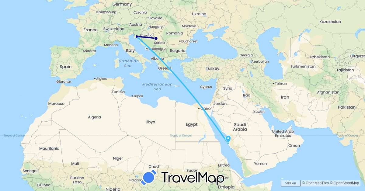 TravelMap itinerary: driving, boat in Croatia, Serbia, Saudi Arabia (Asia, Europe)